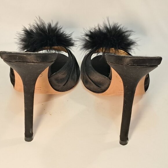 Agent Provocateur Elice Mules Satin 4.5" Stiletto Heels Feathers Black - Picture 6 of 10